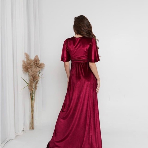 Maroon Velvet Maternity Dress Maxi Flutter Sleeve - Picture 2 of 3